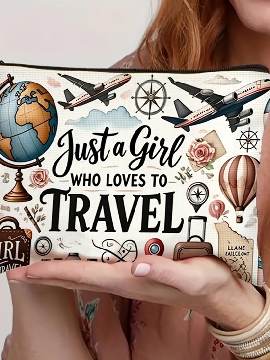 Noki Handbags - Just a Girl Who Loves to Travel Cosmetic Pouch - White Travel Print
